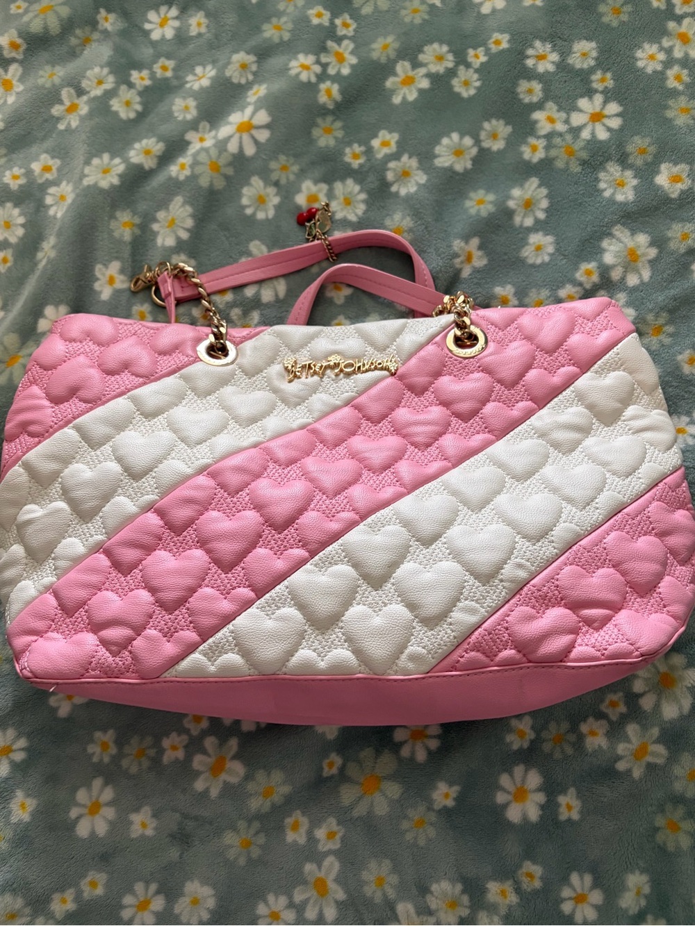 Betsey Johnson Pink and White Heart-Quilted Diagonal Stripe Shoulder Bag